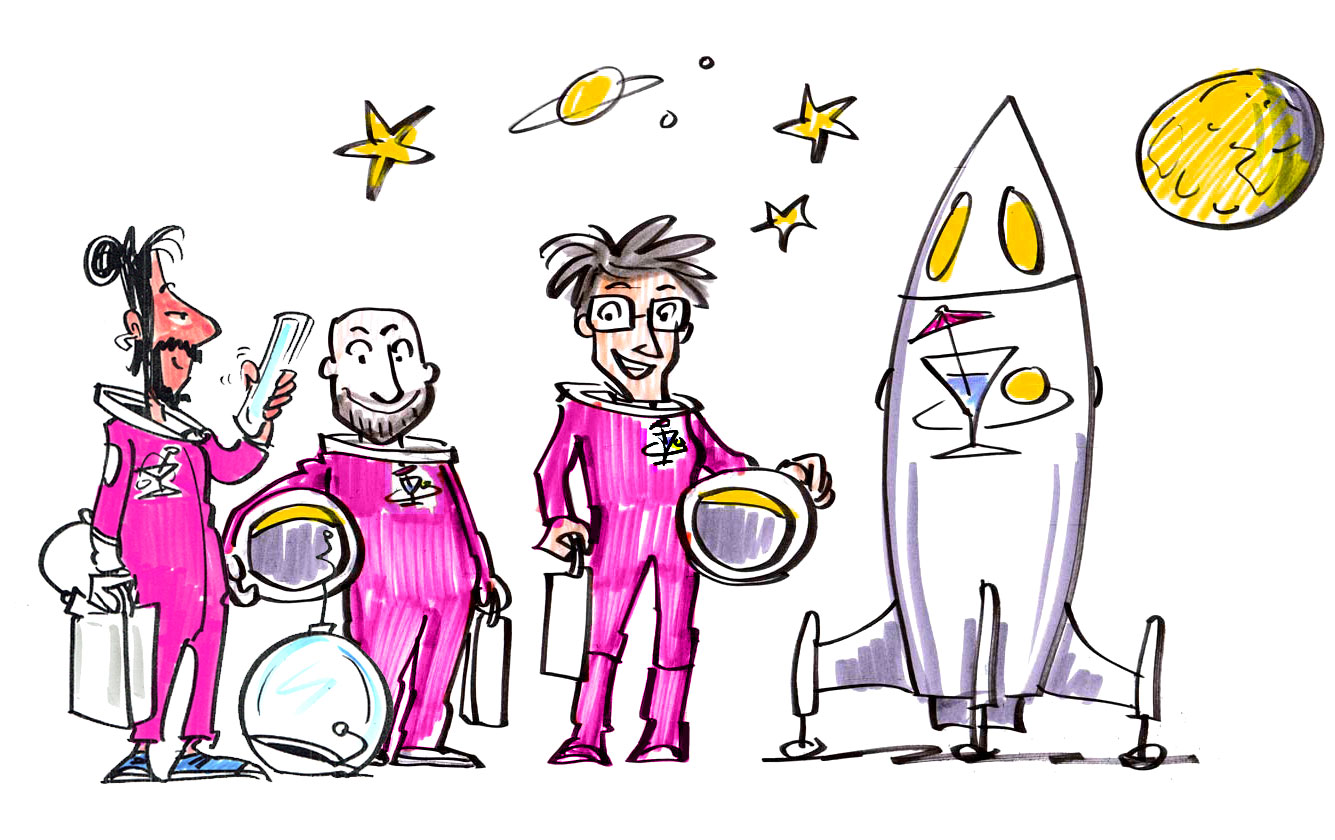 Das Team von moonandtonic vor einer Rakete