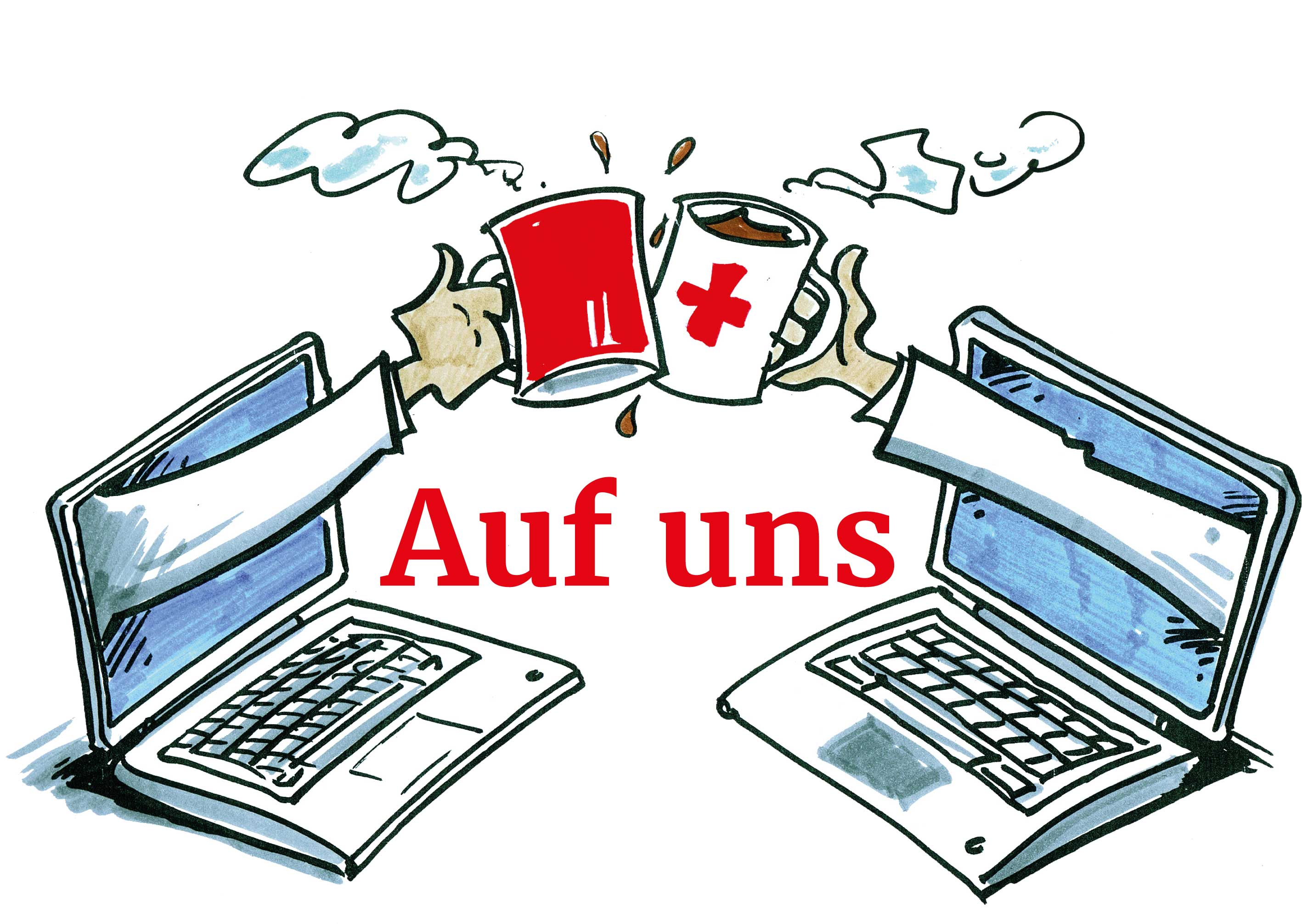 Auf uns! Anstoßen mit zwei Kaffeetassen, die mit zwei Armen aus Laptops rauskommen